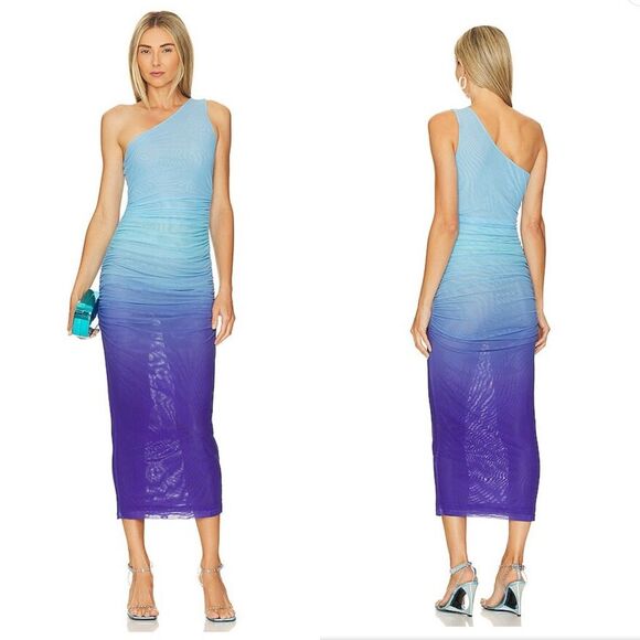 NWT Runaway The Label One Shoulder Ruched Sonny Midi Dress Ocean Small $99 - Picture 1 of 9